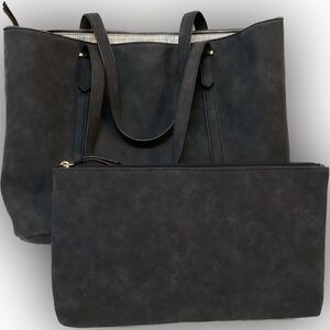 Black/Dark Gray & Gold Tote Shoulder Bag w/Pouch EUC